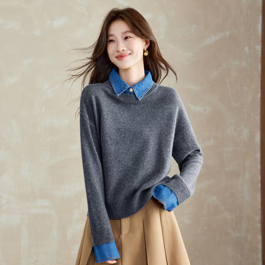 CC 8975假两件牛仔拼接衬衫领羊毛衫针织衫 商品图2