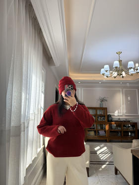 1227-5 渠道圆正 小禾 新年红 V领羊绒针织衫 我穿L