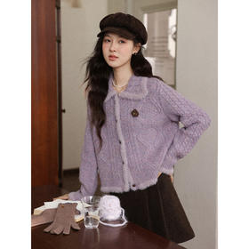 鹿向南「紫韵香缇」紫色长袖翻领针织毛衣秋冬季氛围感开衫上衣女
