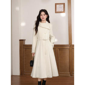 鹿向南「海岛热恋」秋冬装新款气质杏色毛呢外套长款呢子连衣裙女