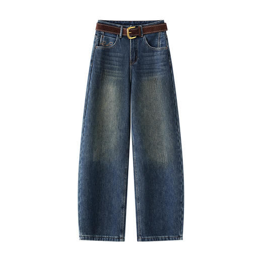 HSS 2863复古水泥灰直筒牛仔裤加绒高腰阔腿裤 商品图4