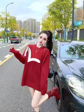 福榊限定红情侣大M提花高克重羊毛混纺圆领毛衣