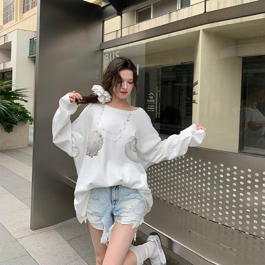 FTT FlyTheTruth『贝壳日记』韩系印花长袖T恤女秋设计感露肩上衣 商品图2