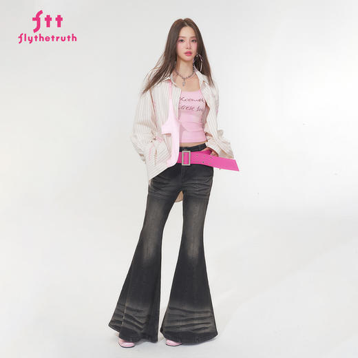 FTT Flythetruth  初桃韵律 涂鸦印花条纹衬衫女秋季宽松休闲衬衣 商品图0