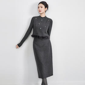 「高货wl」全新升级【铂金会员422/天猫569/差价147】(99611)洛诗琳2025秋冬气质鸵鸟毛马甲短上衣高腰显瘦半裙两件套