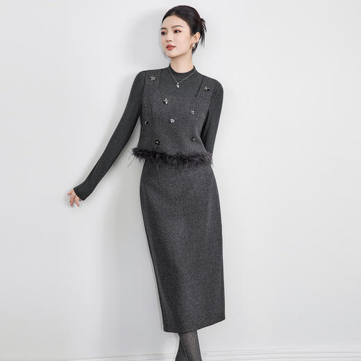 「高货wl」全新升级【铂金会员422/天猫569/差价147】(99611)洛诗琳2025秋冬气质鸵鸟毛马甲短上衣高腰显瘦半裙两件套 商品图0