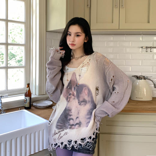 FTT FlyTheTruth『柔软禁区』 破洞毛衣女秋冬宽松慵懒上衣针织衫 商品图2