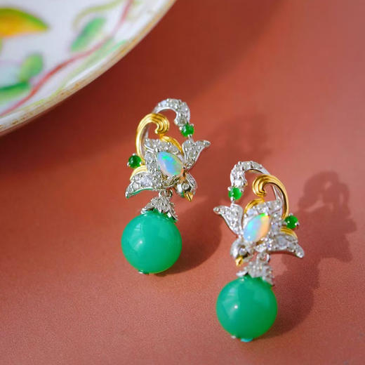 龢盒原创 晨露与飞鸟 澳玉珠欧珀飞鸟耳环 商品图1