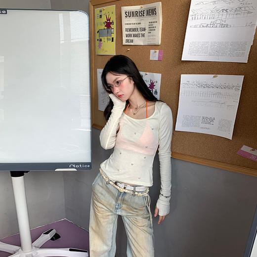 FTT FlyTheTruth『繁星点点』重工钉珠长袖T恤女夏季薄款透气罩衫 商品图2