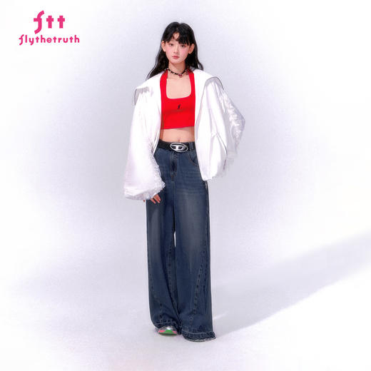 FTT FlyTheTruth『甜心舰长』 韩系白色荷叶边外套女秋季百搭夹克 商品图1