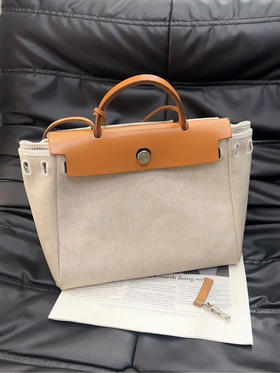 爱马仕 herbag31 帆布拼皮 米白拼粽 斜挎包