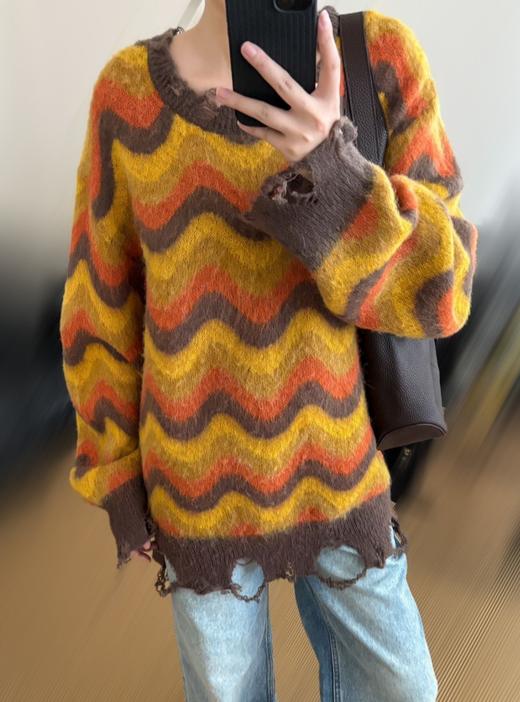 女款渐变破洞条纹针织毛衣ji 商品图3