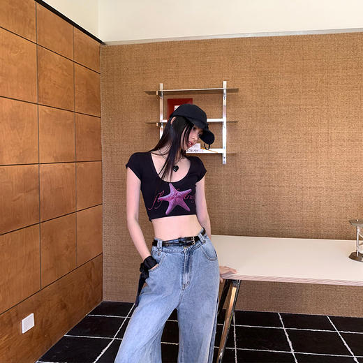 FTT FlyTheTruth『潮汐星吻』复古海星印花短袖T恤女夏修身短上衣 商品图0