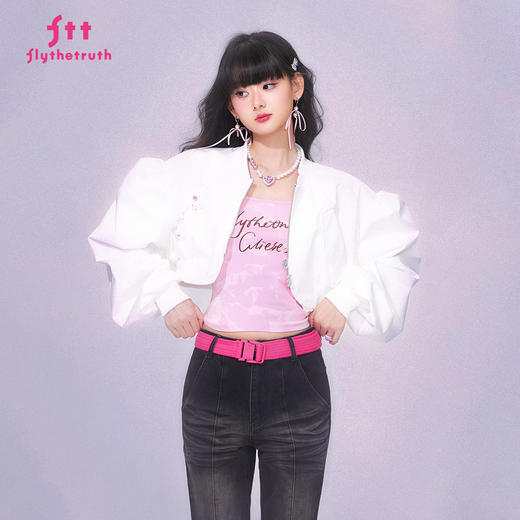 FTT FlyTheTruth『野心法则』 白色泡泡袖短外套女秋韩系飞行夹克 商品图2