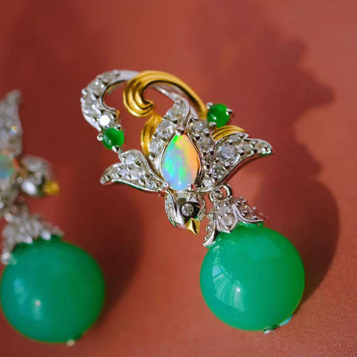 龢盒原创 晨露与飞鸟 澳玉珠欧珀飞鸟耳环 商品图2