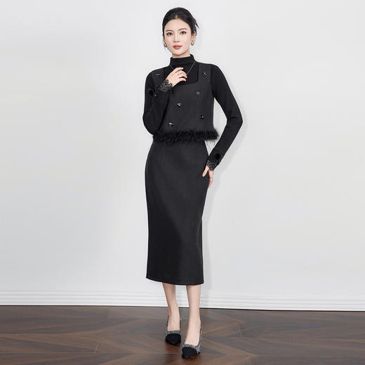 「高货wl」全新升级【铂金会员422/天猫569/差价147】(99611)洛诗琳2025秋冬气质鸵鸟毛马甲短上衣高腰显瘦半裙两件套 商品图1