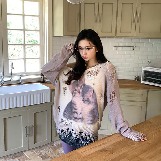 FTT FlyTheTruth『柔软禁区』 破洞毛衣女秋冬宽松慵懒上衣针织衫 商品图0