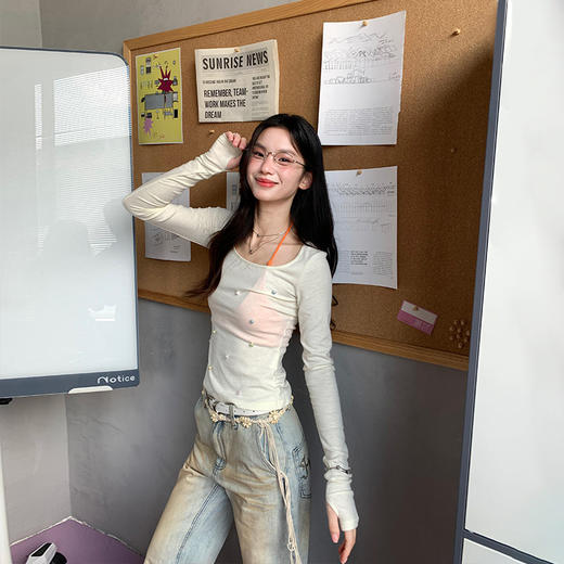 FTT FlyTheTruth『繁星点点』重工钉珠长袖T恤女夏季薄款透气罩衫 商品图3