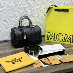 秋冬特惠💰800 原单MCM 原厂皮 新款黑色Mini迷你波士顿包H083 黑色老花满印 这款小号Ella波士顿包