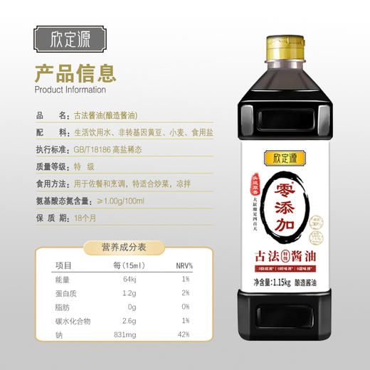 【大鹏】欣定源特级古法酱油零添加头道400天1.15kg*2瓶 商品图1