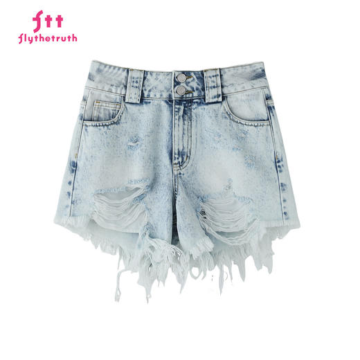 FTT FlyTheTruth『线性记忆』毛边破洞牛仔短裤女夏季美式A字热裤 商品图3