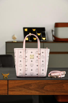 秋冬特惠💰760 原单MCM 原厂皮 经典菜篮子购物袋MWPAATN04QH001 轻雾粉色