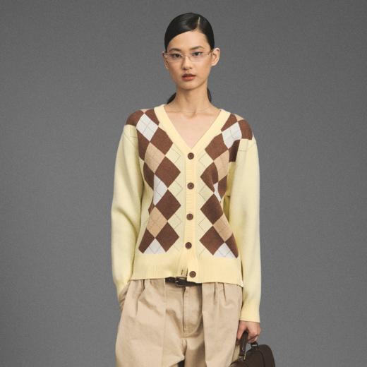 GOODBAI新款复古学院风V领格纹针织长袖开衫女 商品图0