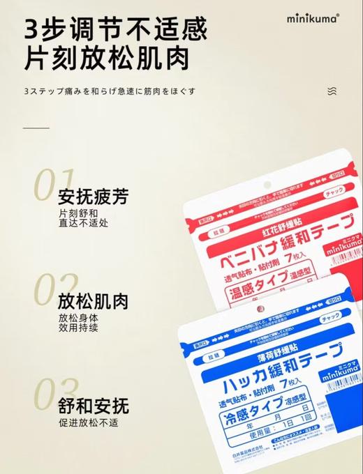 【冬季必备】minkuma 肌肉舒缓贴【迷你熊】快速渗透放松肌肉安抚疲劳【生姜】【红花】全身适用，每包7片 商品图3