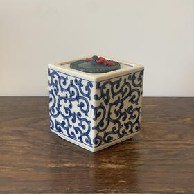 【苏州】日本橘吉青花方形茶叶罐 青铜盖 X1437