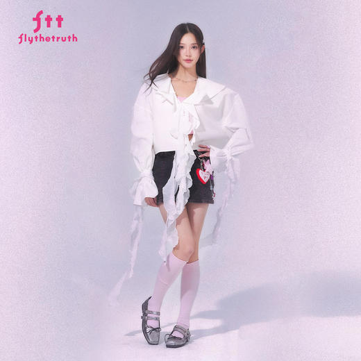 FTT FlyTheTruth『微风来信』 法式荷叶边飘带衬衫女2025秋短衬衣 商品图2