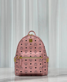 秋冬特惠💰900 原单MCM 原厂皮 新版桃花粉小号 双肩背包 老花满印 新增拉牌压印