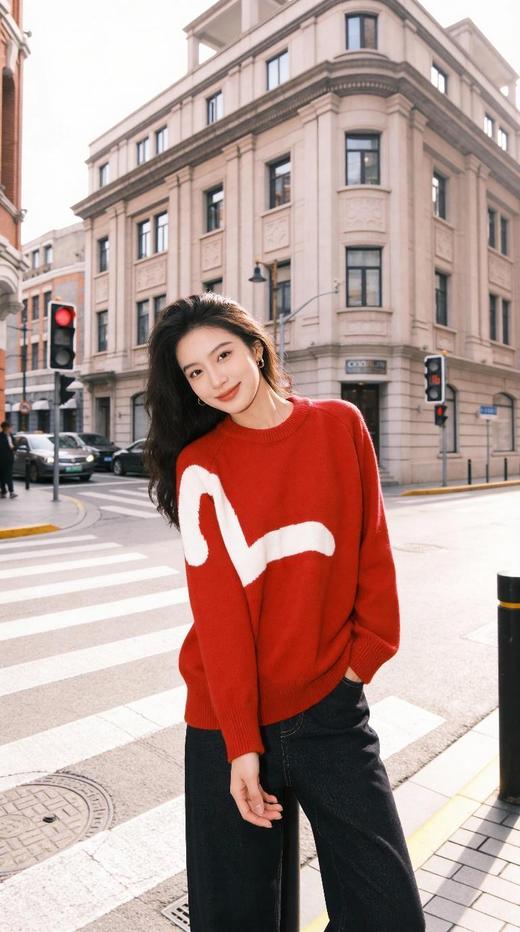 福榊限定红情侣大M提花高克重羊毛混纺圆领毛衣 商品图3