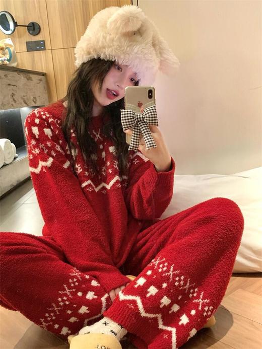 冬日氛围感～费尔岛纹半边绒新年圣诞红色套头睡衣女秋冬甜美软糯家居服套装 商品图5