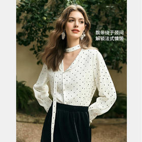 欧芮儿法式浪漫飘带圆领波点雪纺衫女春季2026新款宽松长袖衬衫
