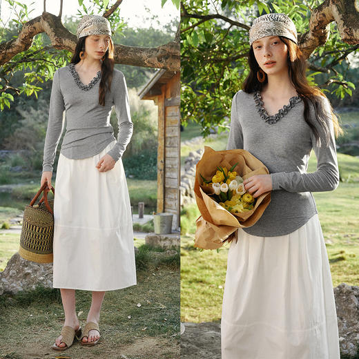 欧芮儿2026春新款莱赛尔天丝木耳边v领长袖T恤女修身内搭气质上衣 商品图2