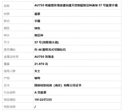 【天然正品】A货翡翠AU750收藏级玫瑰金镶钻镶天然细腻细豆种满绿57号翡翠手镯 191225TJ35 商品图7