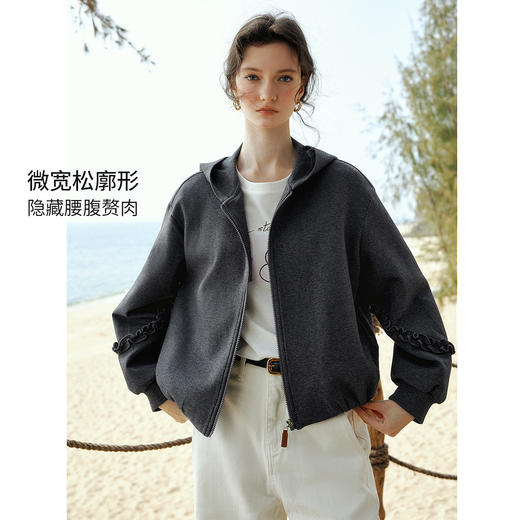 欧芮儿2026春新款木耳边设计感连帽卫衣女宽松慵懒风休闲开衫外套 商品图1