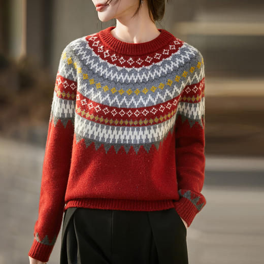 丁摩 费尔岛加厚100%纯羊毛红色提花针织衫NS-5270 商品图0