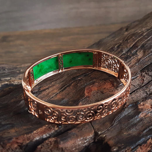 【天然正品】A货翡翠AU750收藏级玫瑰金镶钻镶天然细腻细豆种满绿57号翡翠手镯 191225TJ35 商品图4