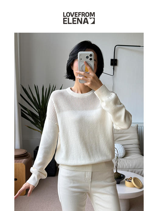 「工厂团购」奢感全羊绒 镂空拼接 圆领毛衣 商品图0