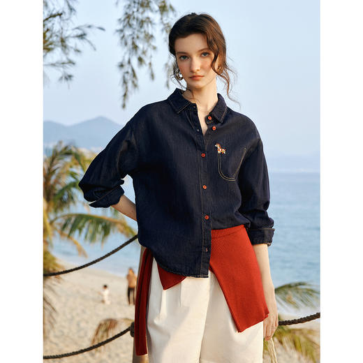 欧芮儿2026春新款莱赛尔牛仔衬衫女法式通勤复古小马刺绣长袖衬衣 商品图0