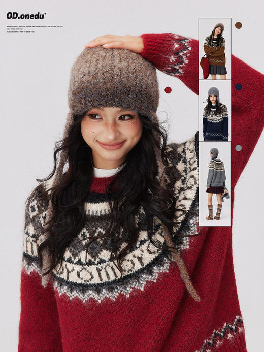 🔥  寒冬腊月，气温渐低，一抹热烈的红，就让人心生暖意。【北欧风费尔岛菱形字母提花针织套头毛衣J1060】颜值一下子击中了我，面料也是毛衣党的爱——摸起来软软糯糯，穿上去挺立有型。 商品图0