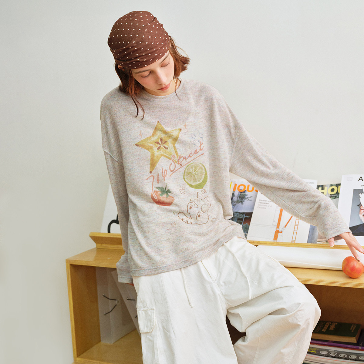 714street莱赛尔凉感印花长袖罩衫 2026春季新款潮牌宽松T恤女款