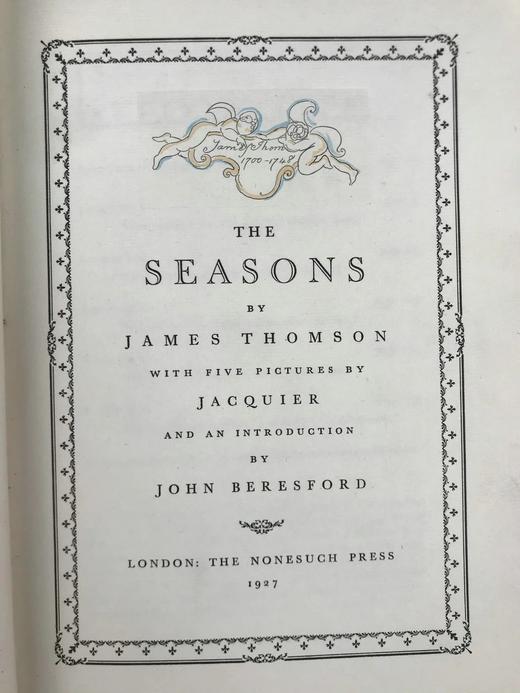 The Nonesuch Press私人出版社限量1500册 原品铜版画手工上彩插图 1927年 詹姆斯·汤姆森《四季》 亨利·雅基耶5幅插图 布面精装16开 商品图2