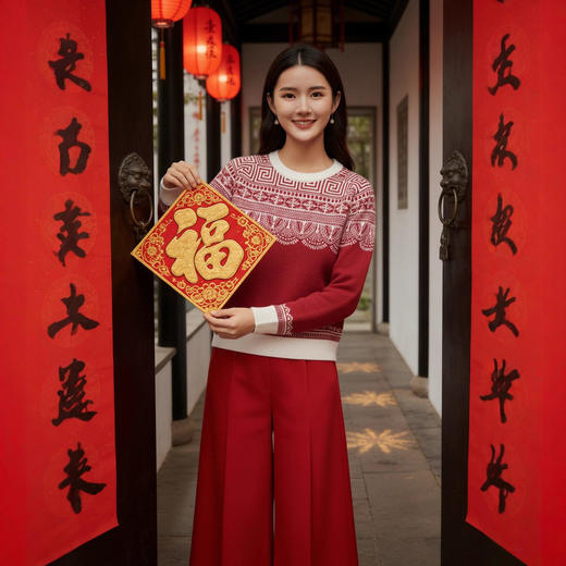 「自」全新升级【铂金会员330/天猫439/差价109】(14436)洛诗琳新年系列红色毛衣2025秋冬国风提花圆领羊毛针织上衣 商品图2