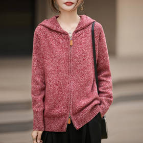 丁摩 法式松弛感连帽100纯羊毛针织开衫  JJ-159