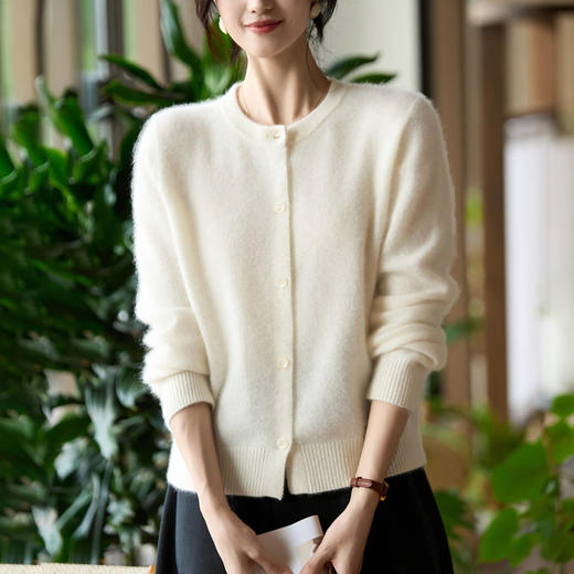 丁摩 100%纯羊毛针织开衫女圆领纯色毛衣外套NS-5178 商品图3