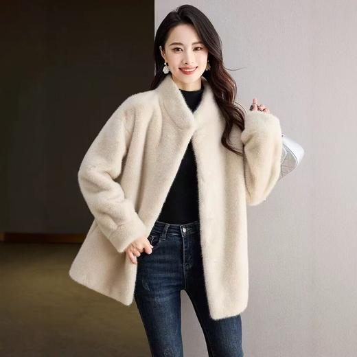 丁摩 仿水貂绒皮草外套女立领中长款环保加厚毛毛大衣251223 商品图1