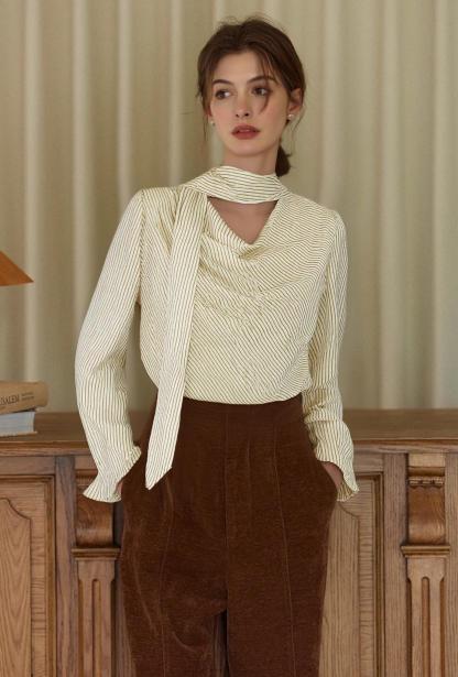 欧芮儿2026春新款条纹衬衣女优雅围脖通勤雪纺长袖衬衫 商品图0