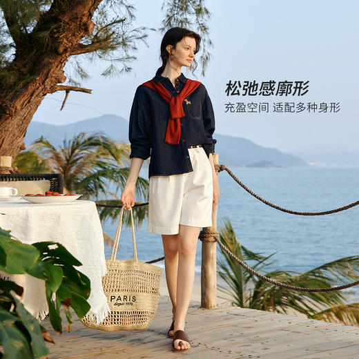 欧芮儿2026春新款莱赛尔牛仔衬衫女法式通勤复古小马刺绣长袖衬衣 商品图2